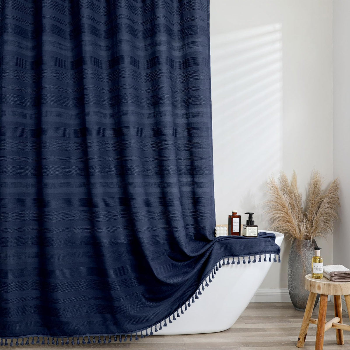 OVZME Natural Linen Shower Curtain for Bathroom, Boho Farmhouse Rustic Striped Shower Curtain with Tassel, Textured Heavy Duty Vintage Country Bathroom Curtain, 72Wx72L Inches