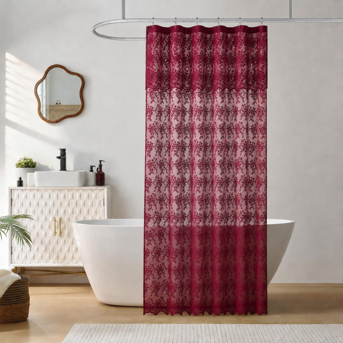 TUDECO Pink Lace Shower Curtain with Attached Valance, 72x72 Inch, 1 Panel