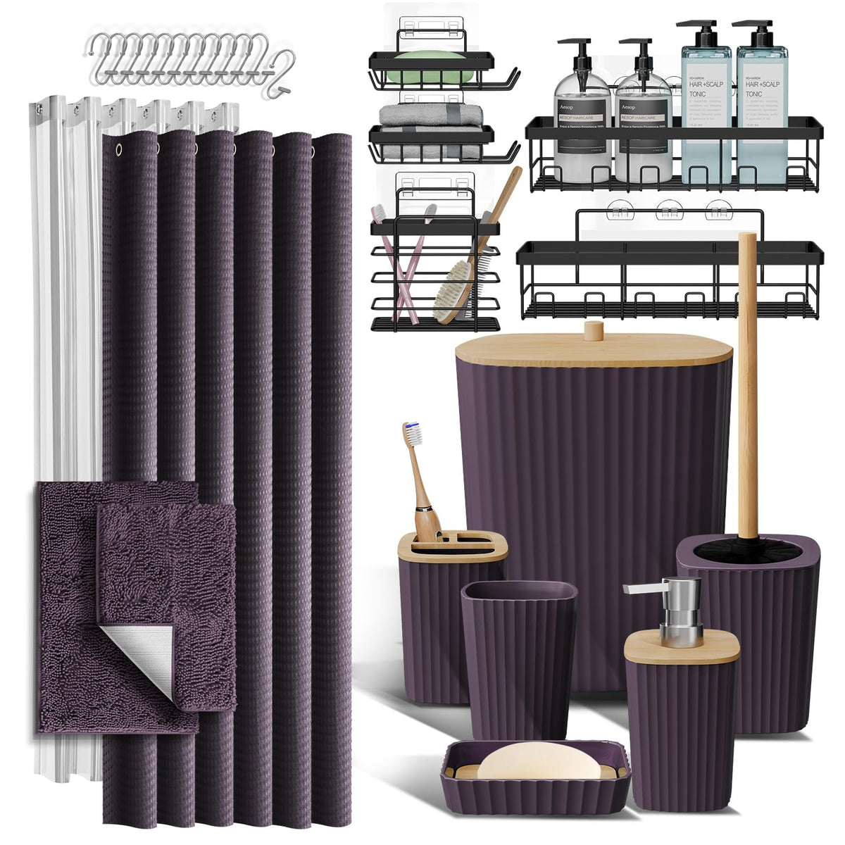 Clara Clark Black Bathroom Set, Shower Curtain Set, Bathroom Accessory Set