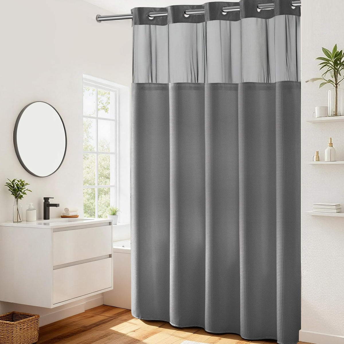 RiverDream Heavyweight Waffle No Hook Shower Curtain with Liner,White,71x74