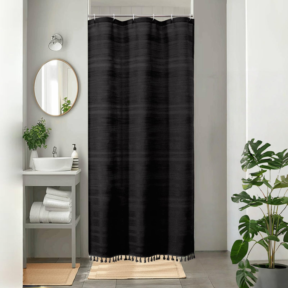 OVZME Natural Linen Shower Curtain for Bathroom, Boho Farmhouse Rustic Striped Shower Curtain with Tassel, Textured Heavy Duty Vintage Country Bathroom Curtain, 72Wx72L Inches