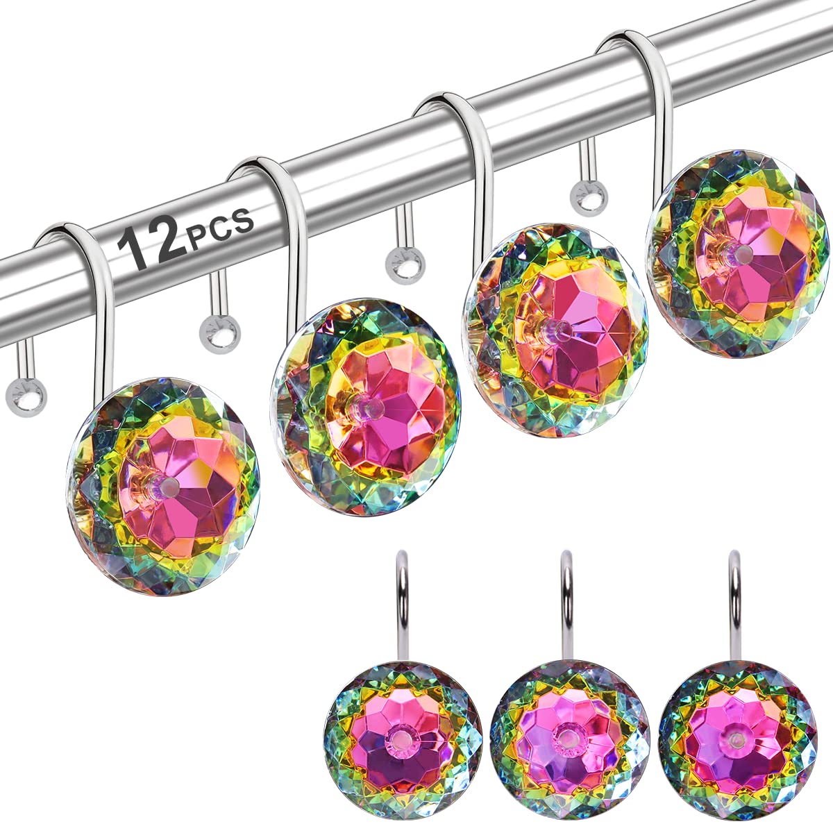 12PCS Shower Curtain Hooks Rings for Bathroom, Stainless Steel Metal Crystal Rhinestones Bling Rust Proof Shower Curtain Rings Hangers for Shower Curtain Decorative, Round Heavy Duty Hooks (Clear)