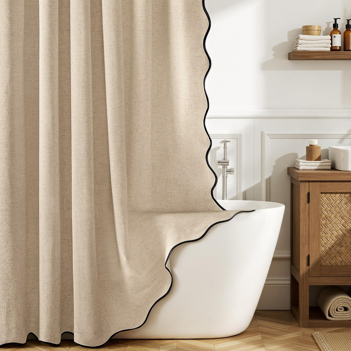 MIULEE Natural Scalloped Linen Shower Curtain 72W x 72L