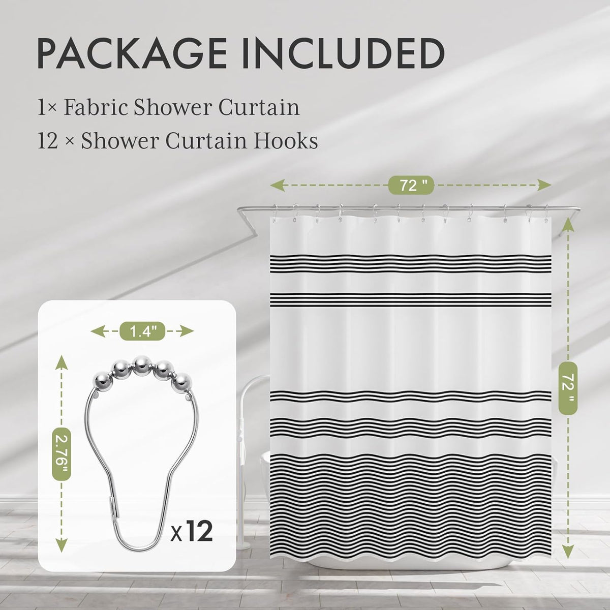 AmazerBath Shower Curtain, Washable Cloth Black Shower Curtain Sets with 12 Shower Curtain Hooks, Fabric Rustic Black and White Striped Curtain, Farmhouse Bathroom Curtains, 72x72 Inches