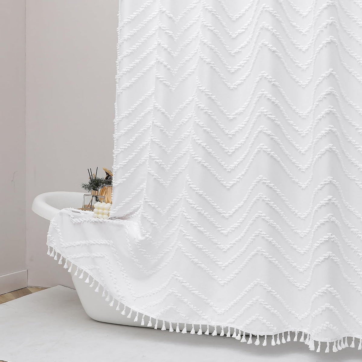 OWENIE Boho Shower Curtain, White Fabric Cloth Shower Curtains Farmhouse Tufted Chevron Striped Textured with Tassel for Bathroom, Soft Hotel Style Modern Minimalist, Machine Washable, 72x72, White