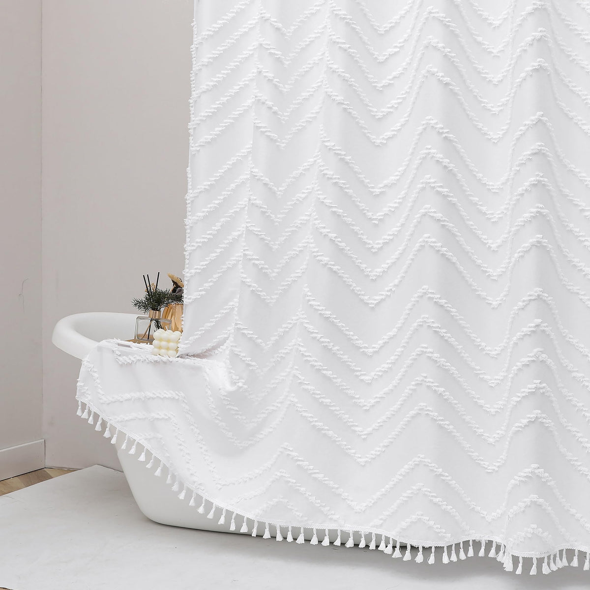 OWENIE Boho Shower Curtain, White Fabric Cloth Shower Curtains Farmhouse Tufted Chevron Striped Textured with Tassel for Bathroom, Soft Hotel Style Modern Minimalist, Machine Washable, 72x72, White