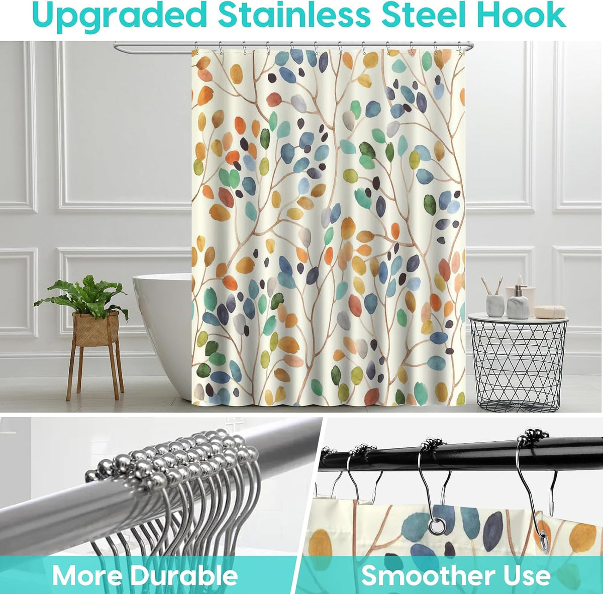 Amaredom Floral Shower Curtain with 12 Metal Hooks, 72x72 Inches