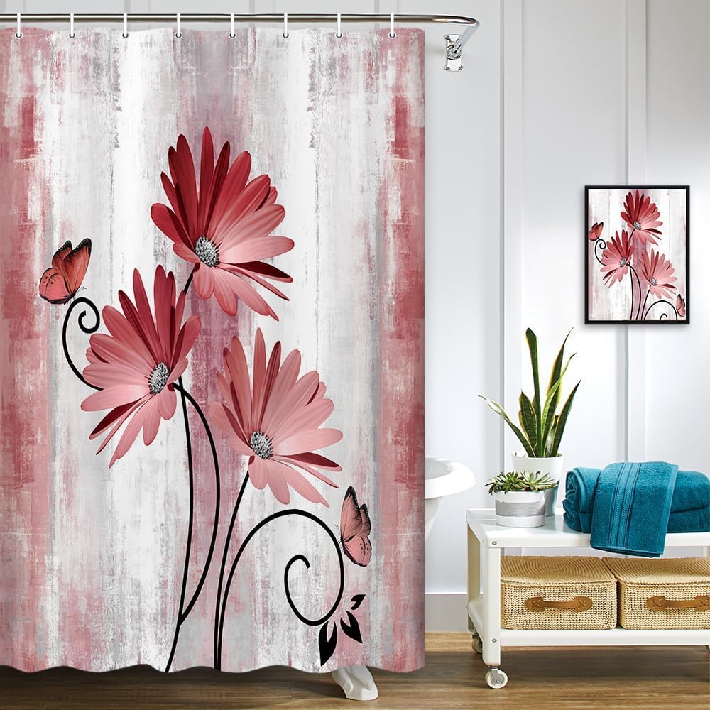 Rustic Farmhouse Shower Curtain, Farm Tan Cream Daisy Floral Flowers and Butterfly on Country Wooden Shower Curtains for Bathroom, Beige Brown Home Decor with 12PCS Hooks, 70X70IN
