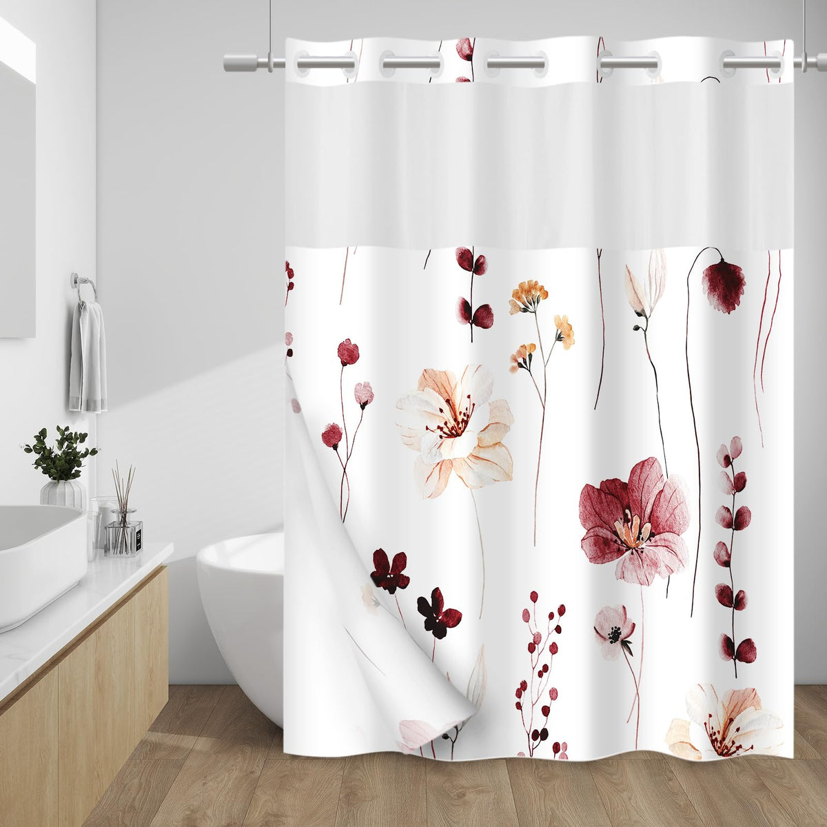 WITHLOC Hook Free Floral Shower Curtain with Liner, Blue Beige, 71x74