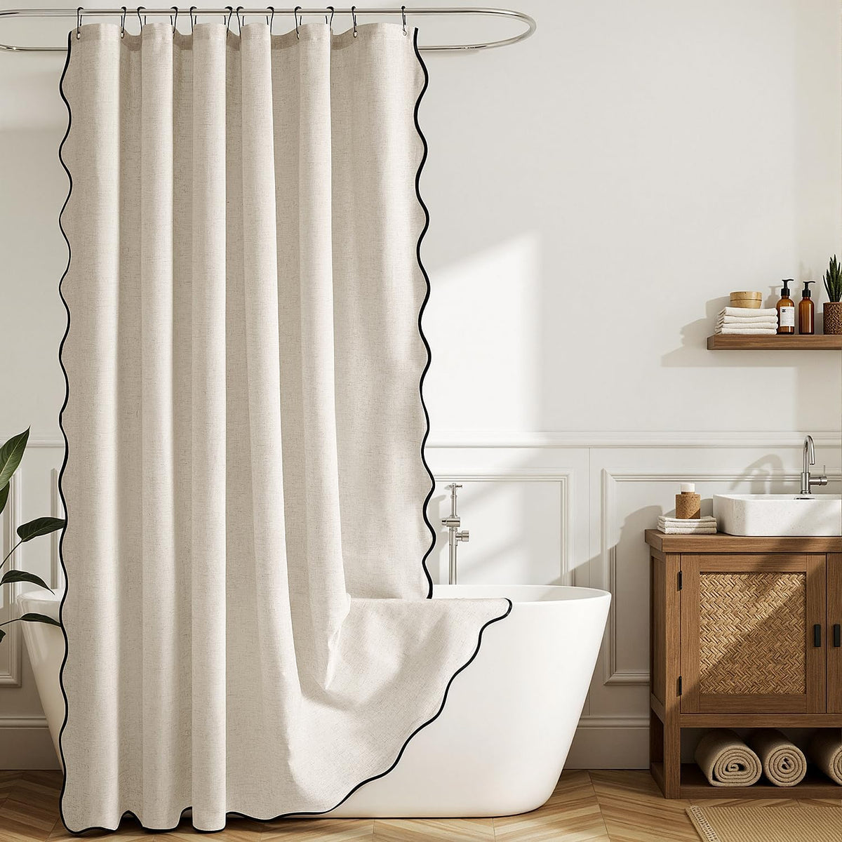 MIULEE Natural Scalloped Linen Shower Curtain 72W x 72L