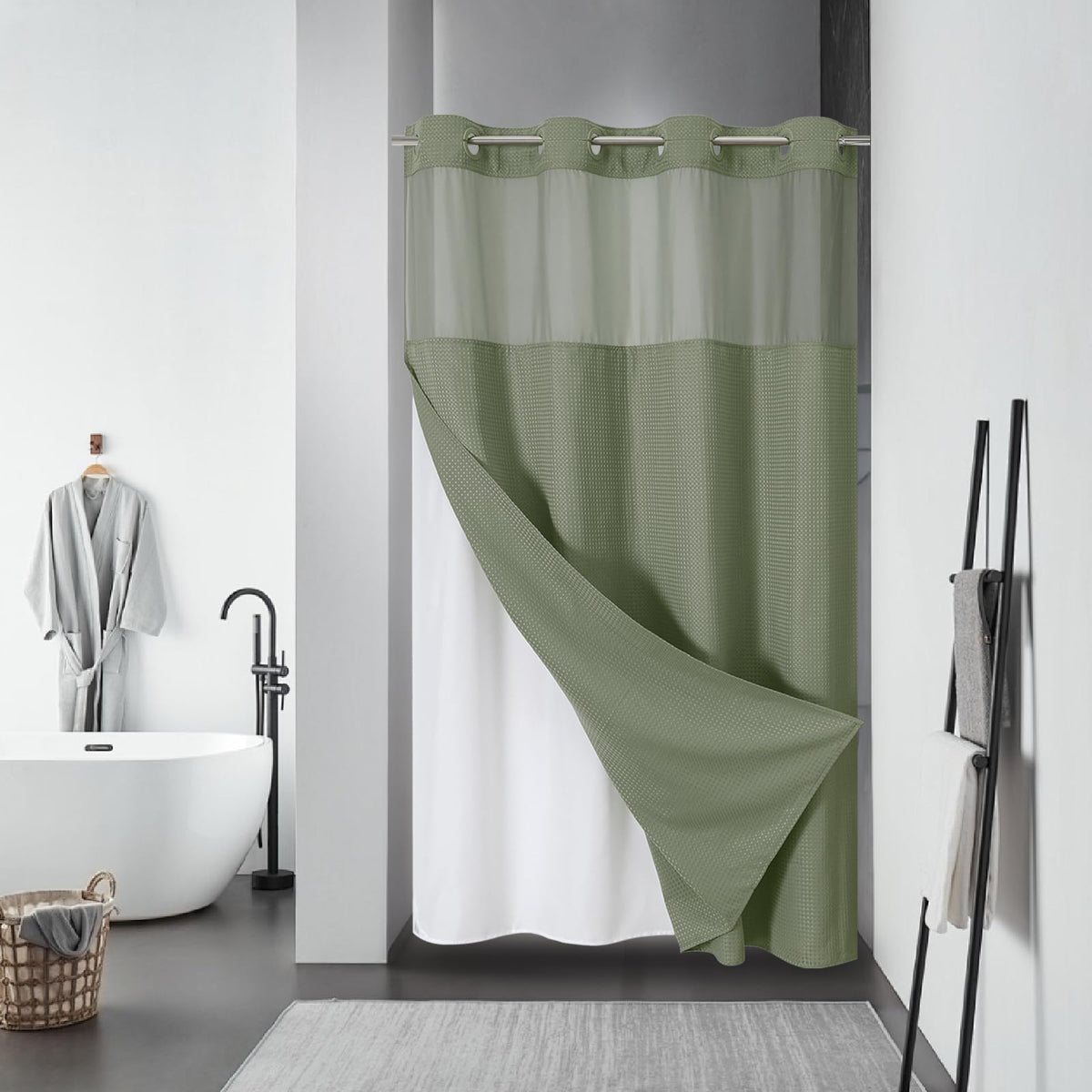 eachope No Hook Waffle Shower Curtain with Snap-in Liner, 71x74 Inch, Grey