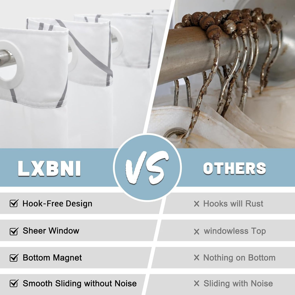 LXBNI Ringless Shower Curtain with Snap-in Liner, Gray White, 71 x 74 Inch