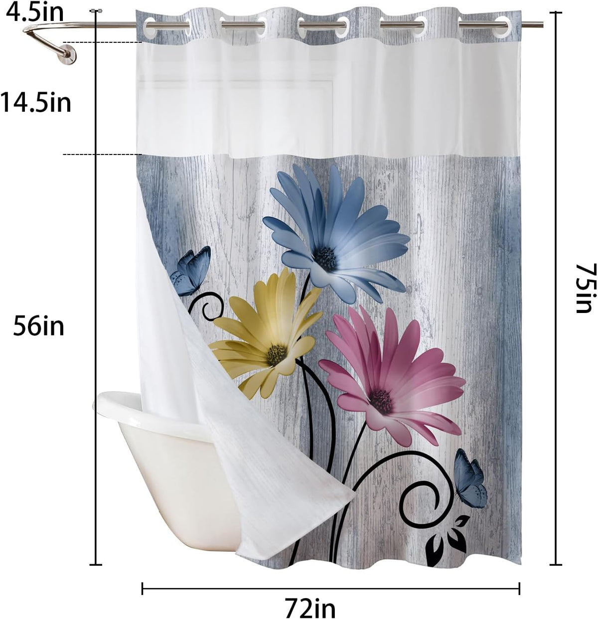 Hookless Shower Curtain with Snap in Liner, Blue Colorful Floral, 72W x 75L