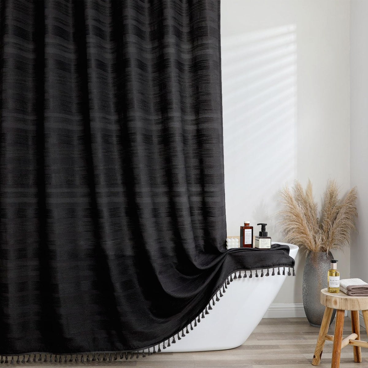 OVZME Natural Linen Shower Curtain for Bathroom, Boho Farmhouse Rustic Striped Shower Curtain with Tassel, Textured Heavy Duty Vintage Country Bathroom Curtain, 72Wx72L Inches