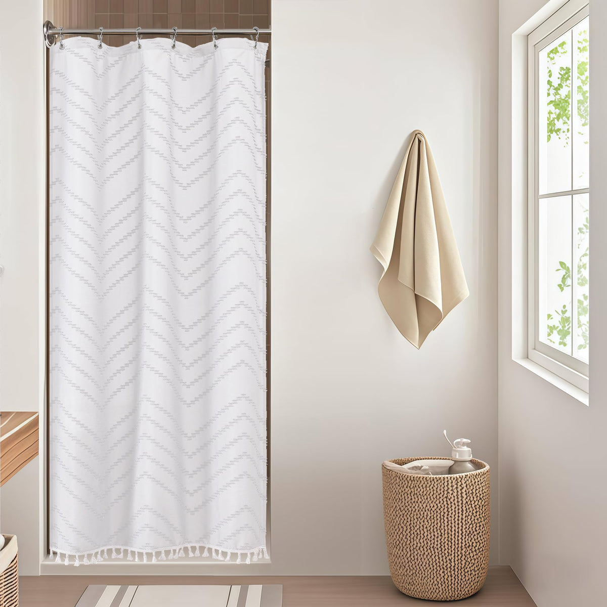 OWENIE Boho Shower Curtain, White Fabric Cloth Shower Curtains Farmhouse Tufted Chevron Striped Textured with Tassel for Bathroom, Soft Hotel Style Modern Minimalist, Machine Washable, 72x72, White