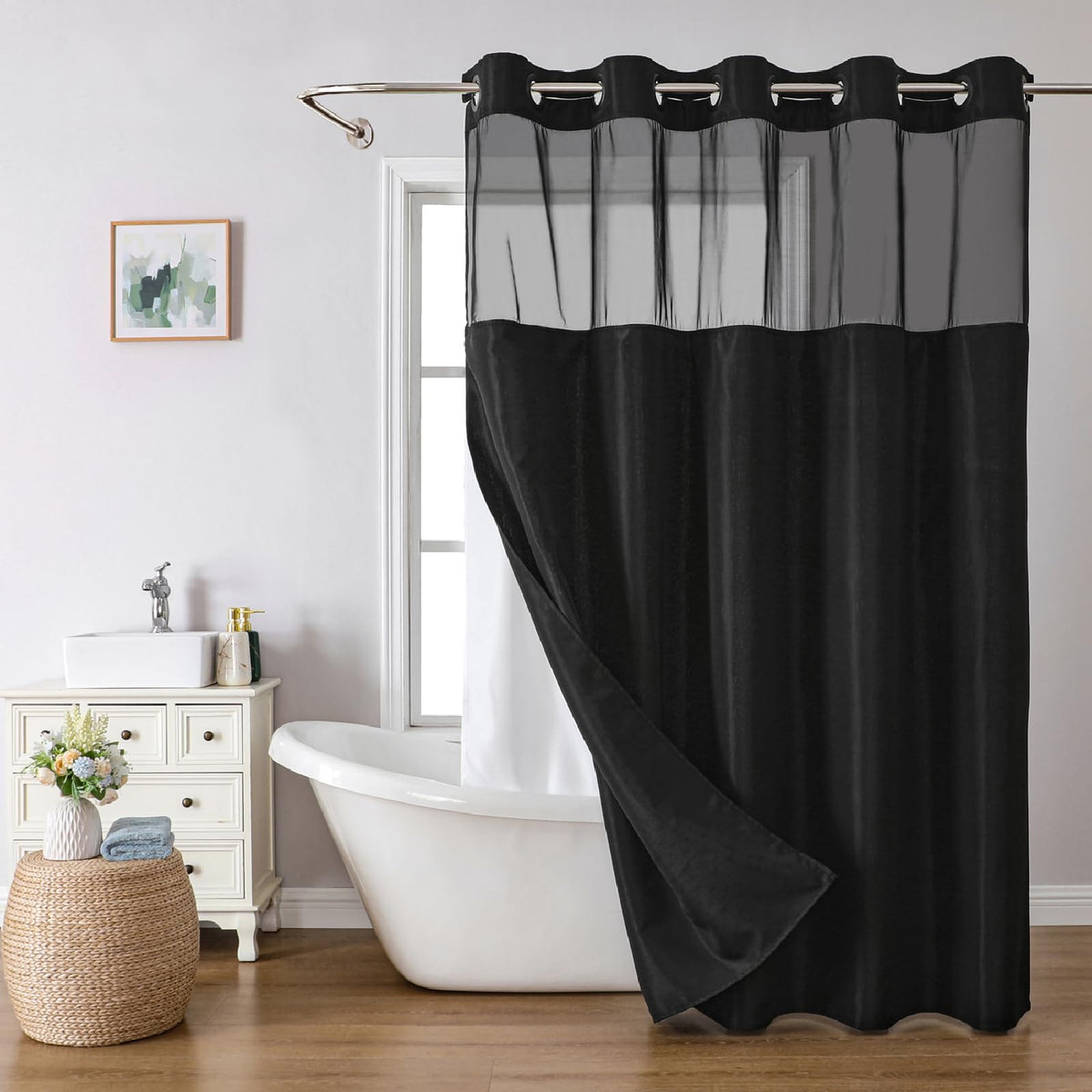 Eachope No Hooks Polyester Textured Shower Curtain with Snap-in Fabric Liner Set, Hotel Luxury Decor Shower Curtains for Bathroom with See Through Top Window, Waterproof & Washable, 71Wx74H, Cream