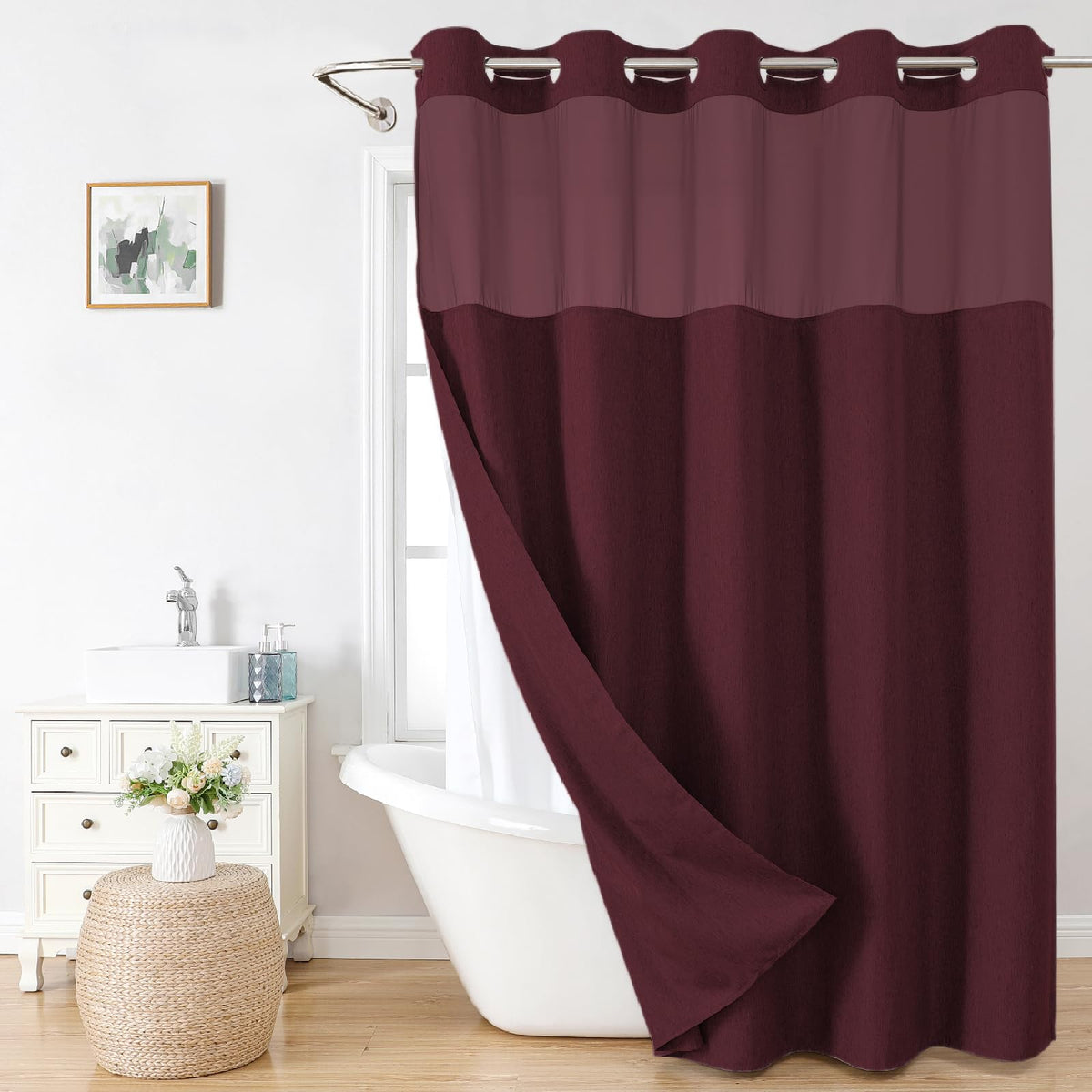 Eachope No Hooks Polyester Textured Shower Curtain with Snap-in Fabric Liner Set, Hotel Luxury Decor Shower Curtains for Bathroom with See Through Top Window, Waterproof & Washable, 71Wx74H, Cream