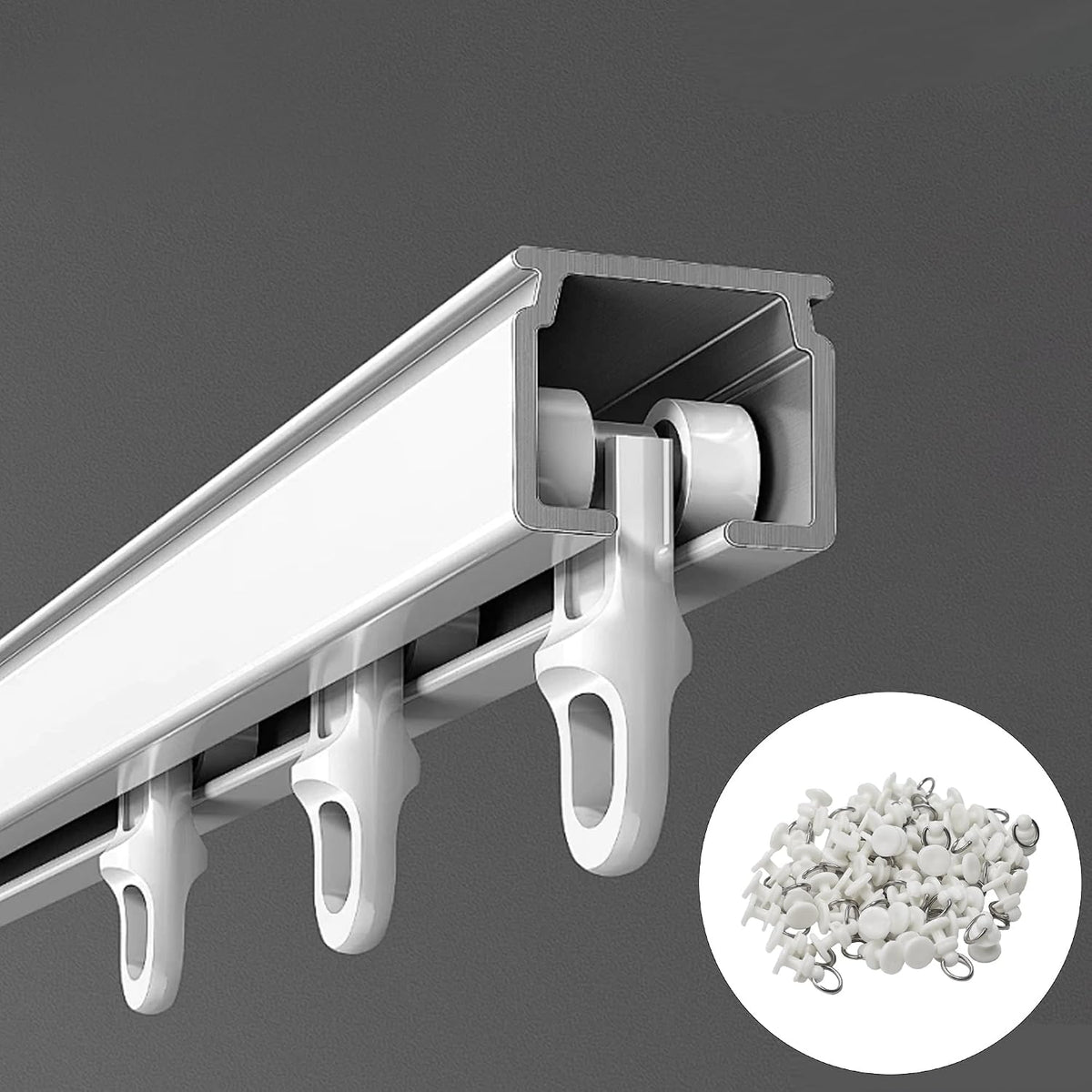 50PCS White Curtain Track Gliders, Plastic Sliding Hooks for Ceiling Mounted Rails, Smooth Rolling Accessories for Home RV Shower Dividers