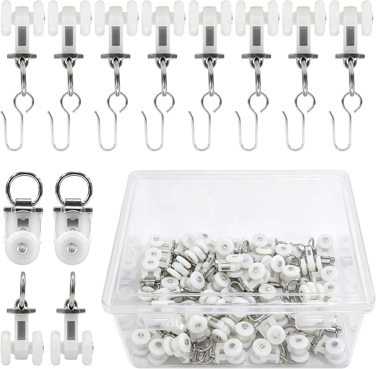 150 Pcs Curtain Track Rollers,Heavy Duty Curtain Rail Pulleys Runners with Dual Wheel Roller,Plastic Ceiling Gliders with Metal Rings for Window Tracks,Shower Curtains and Drapes Accessories