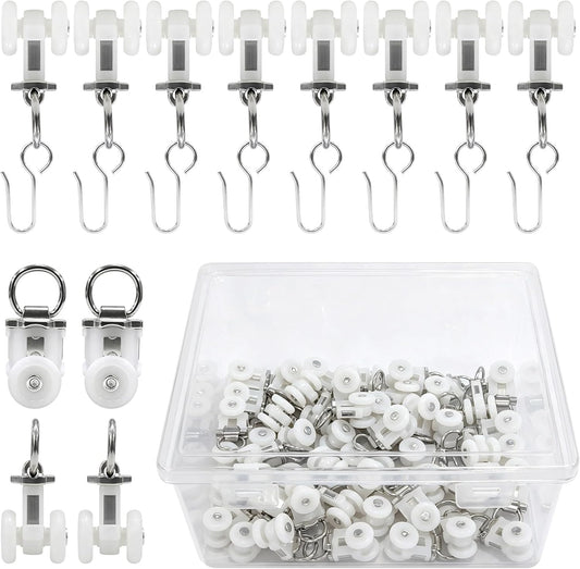150 Pcs Curtain Track Rollers,Heavy Duty Curtain Rail Pulleys Runners with Dual Wheel Roller,Plastic Ceiling Gliders with Metal Rings for Window Tracks,Shower Curtains and Drapes Accessories