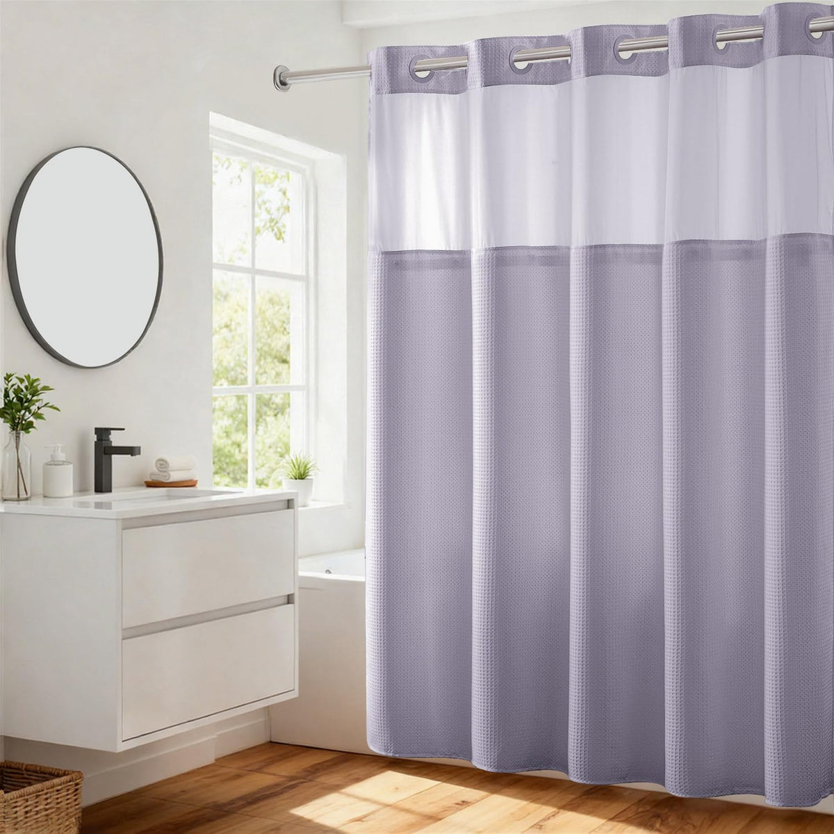 RiverDream Heavyweight Waffle No Hook Shower Curtain with Liner,White,71x74