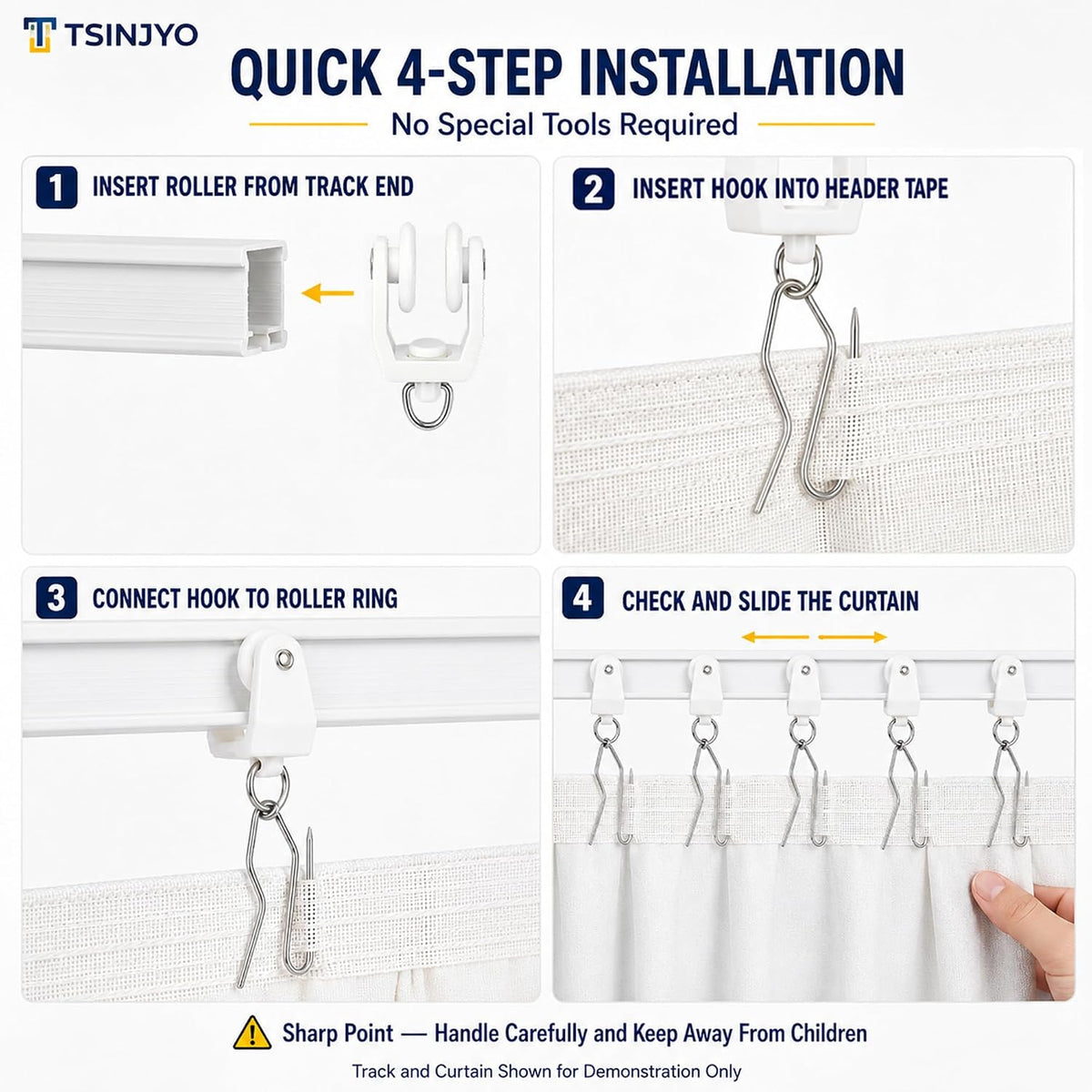 200 Pcs 11 mm Plastic Drapery Rail Gliders & Hooks Set, Ceiling Mount Curtain Track Rollers and 1.2 Inches Metal Pin-on Hooks for Bed Window Room Divider, Shower Drapes