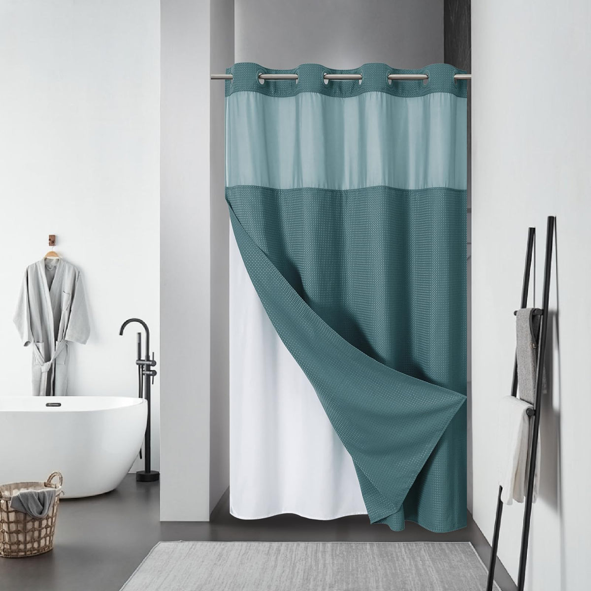 eachope No Hook Waffle Shower Curtain with Snap-in Liner, 71x74 Inch, Grey