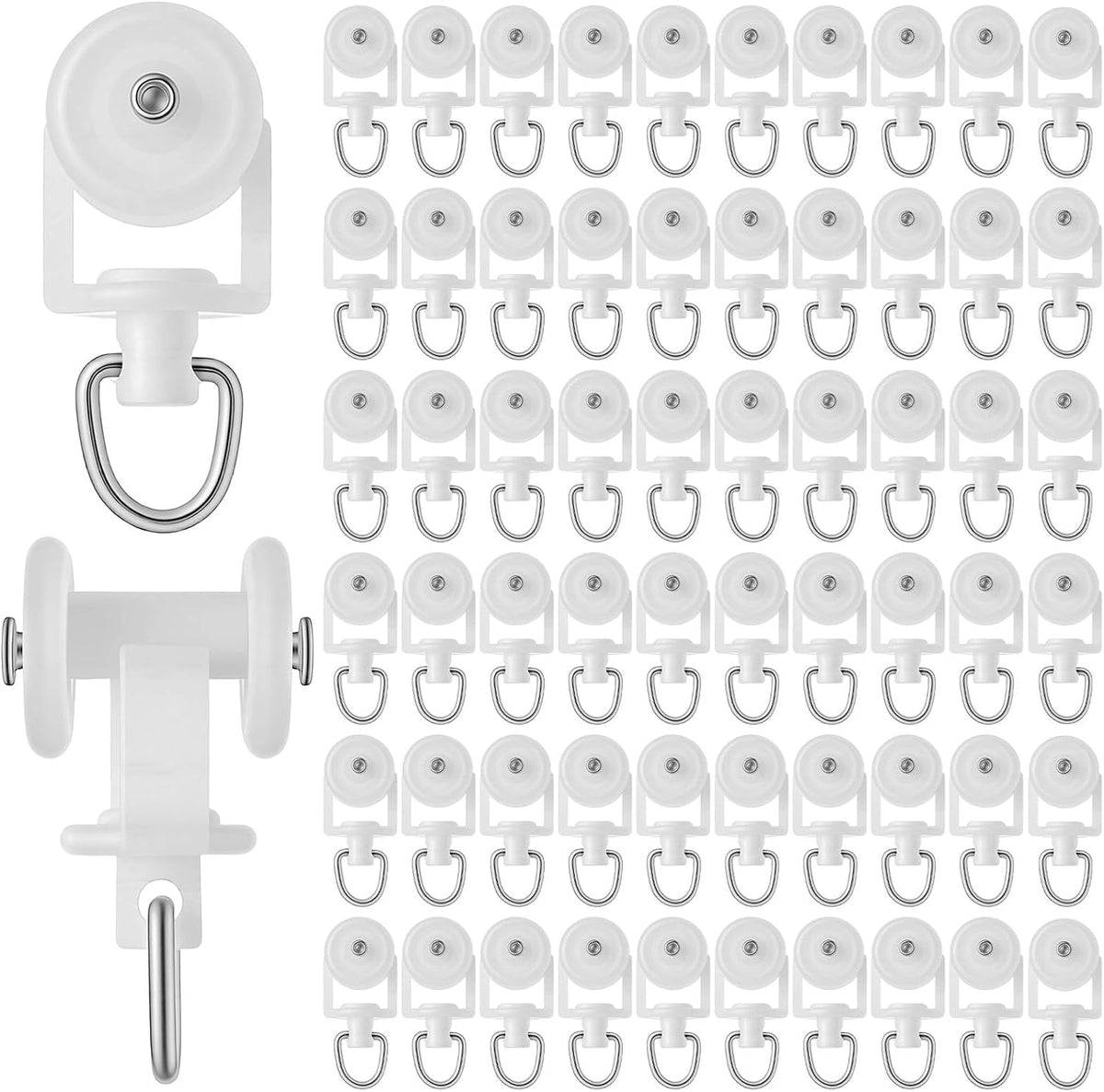 Nogeqi 100PCS Curtain Track Gliders, Dual Wheel Curtain Track Hooks with Stainless Steel Hook, Mute Plastic Roller Hooks for Ceiling Drapes Sliding Glider Compatible with Most Tracks, Easy Install