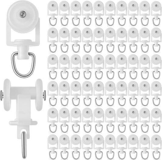 Nogeqi 100PCS Curtain Track Gliders, Dual Wheel Curtain Track Hooks with Stainless Steel Hook, Mute Plastic Roller Hooks for Ceiling Drapes Sliding Glider Compatible with Most Tracks, Easy Install