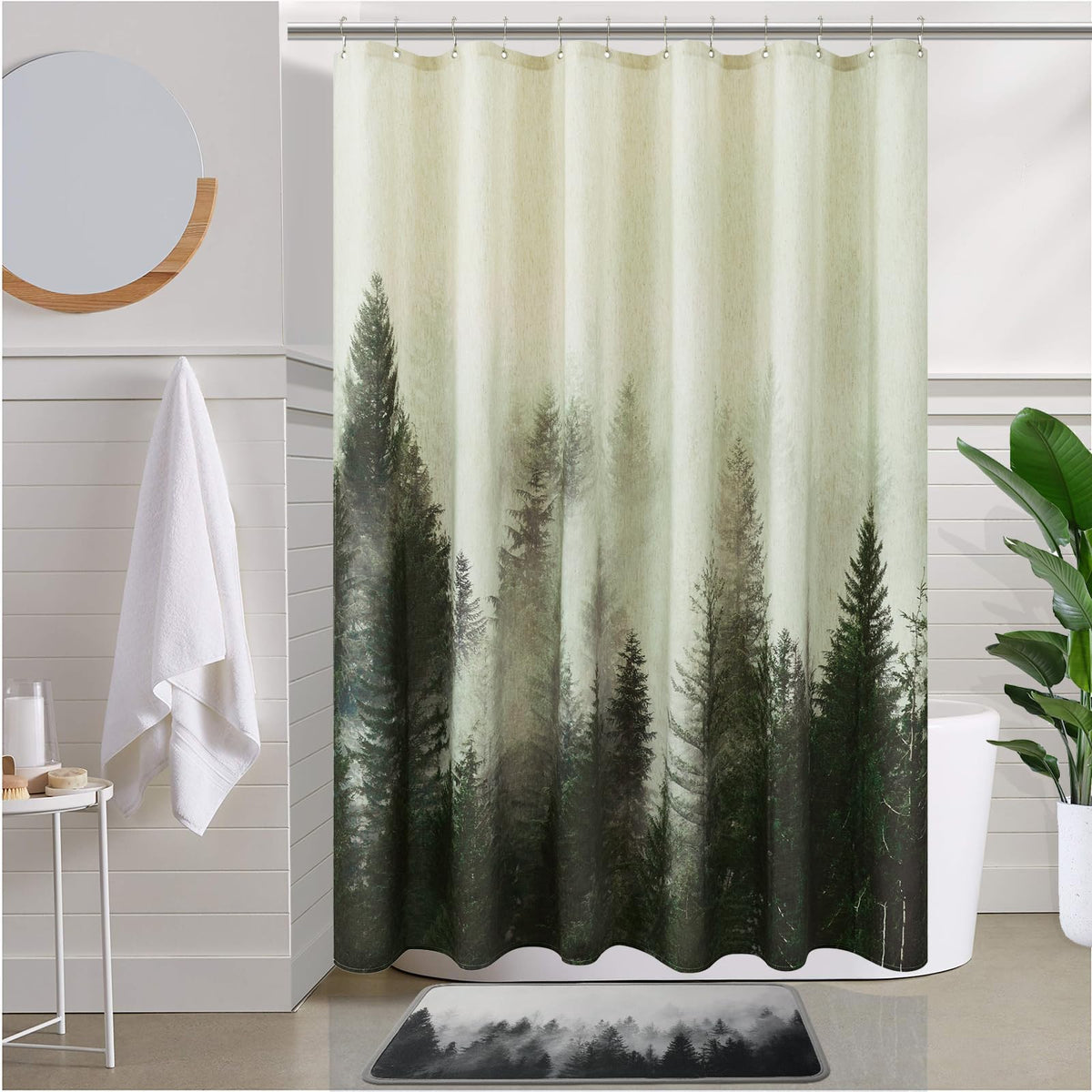 ORTIGIA Black and White Misty Forest Shower Curtain for Bathroom, Nature Woodland Curtain Set with Hooks, Decorative Pine Tree Fog Magic Bath Decor for Home Weighted, 72x72