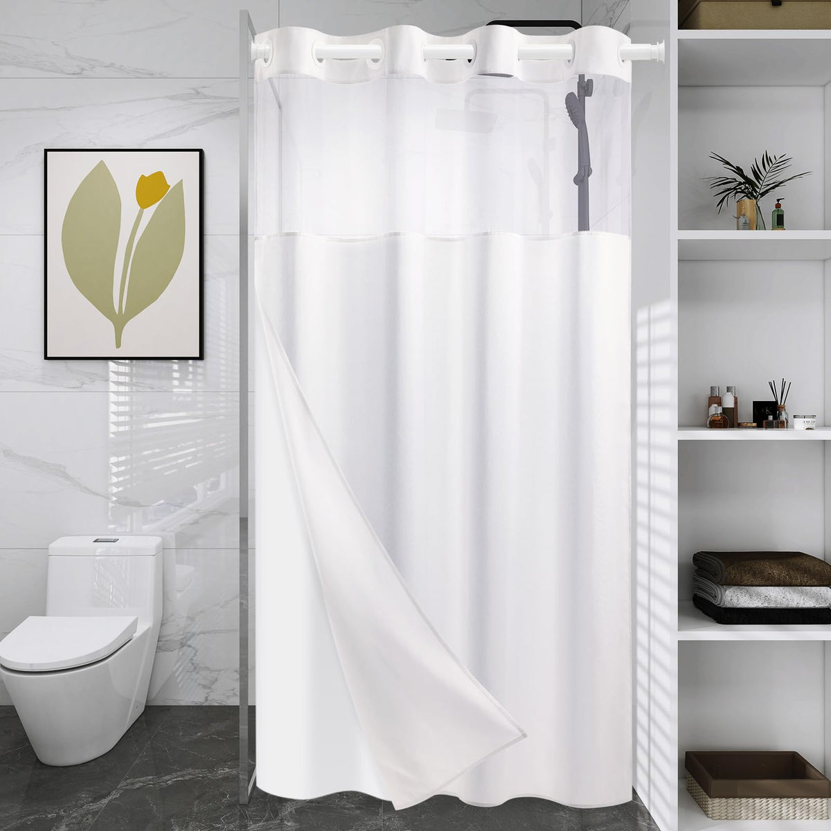 WONICY Hook-Free Shower Curtain with Snap-in Liner, Cream, 71 x 74