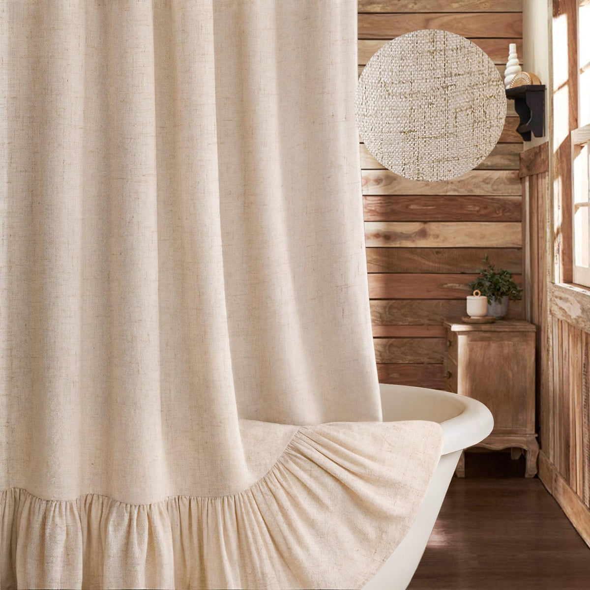 Farmhouse Shower Curtain Ruffle Linen Cream-Green Stripe 72"W x 72"L