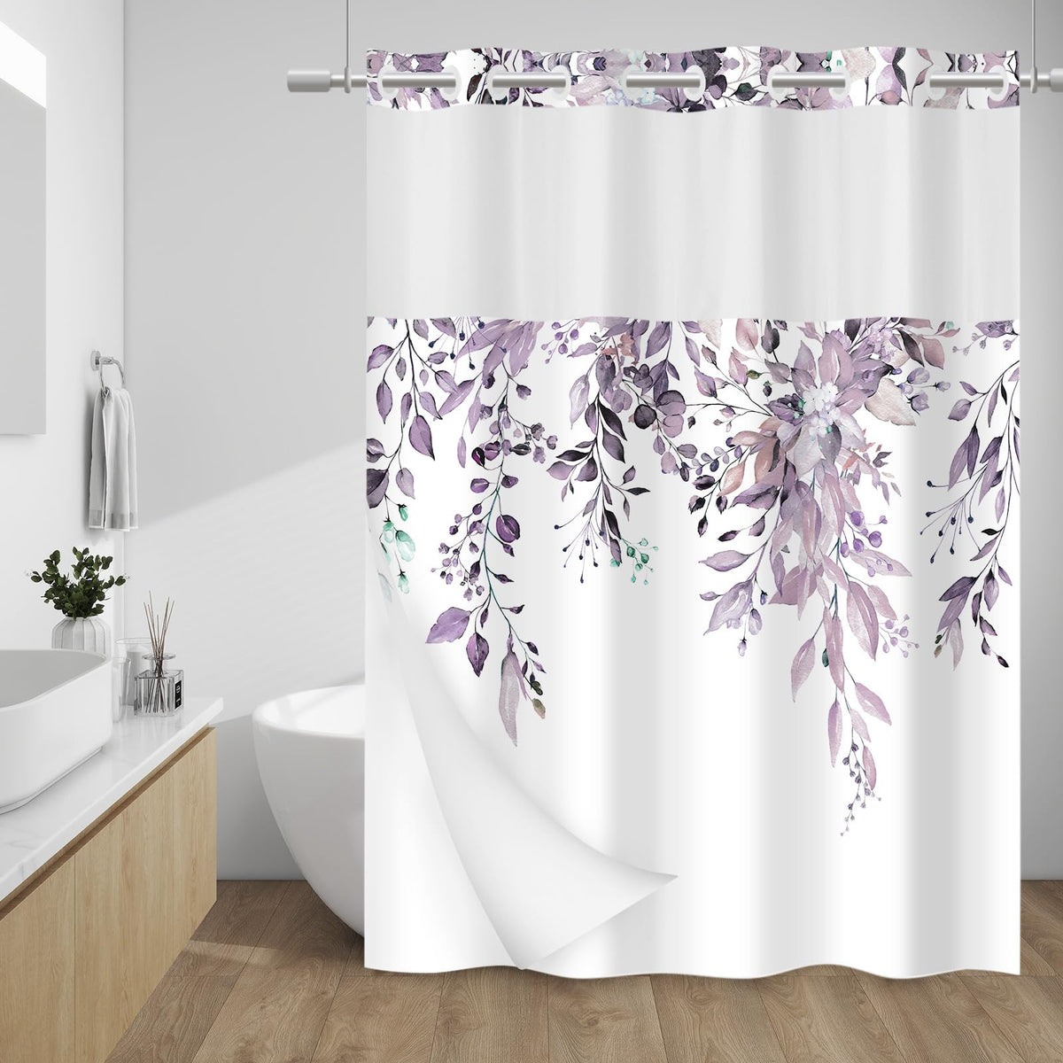 WITHLOC Hook Free Floral Shower Curtain with Liner, Blue Beige, 71x74