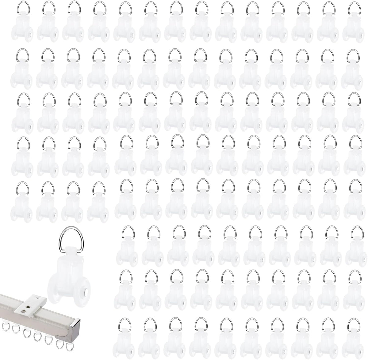100 PCS Curtain Track Glider Rollers Plastic Track Rail Runners Mute Wheel Rollers Ceiling Glider for Living Room Bedroom Shower Privacy Rv Garage Room Divider