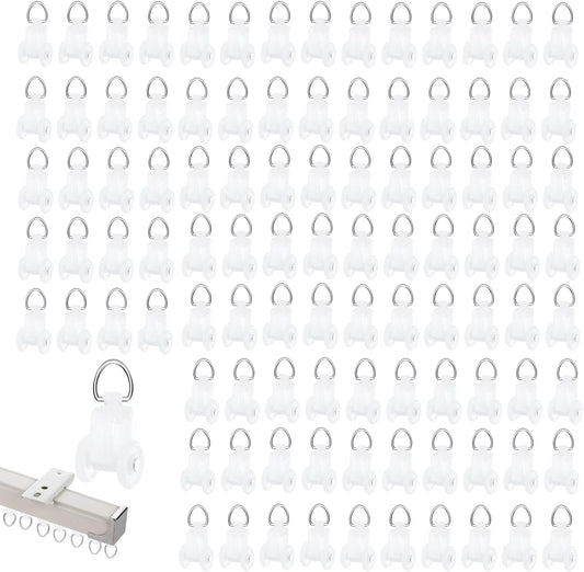 100 PCS Curtain Track Glider Rollers Plastic Track Rail Runners Mute Wheel Rollers Ceiling Glider for Living Room Bedroom Shower Privacy Rv Garage Room Divider