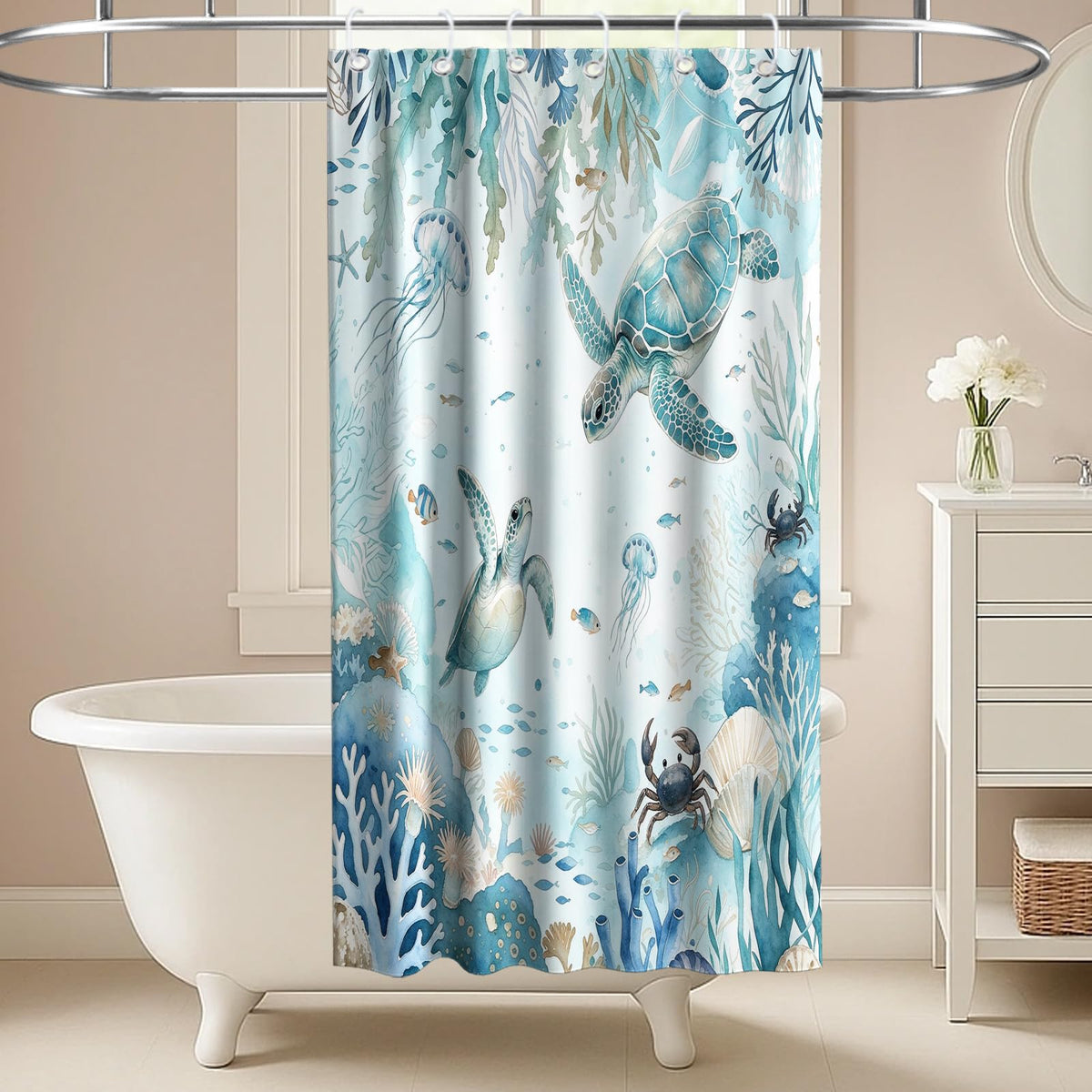 Nautical Green Sea Turtles Beach Theme Fabric Shower Curtain Sets Bathroom Blue Ocean Decor with Grommets and Hooks - 72 x 72 Inch Teal