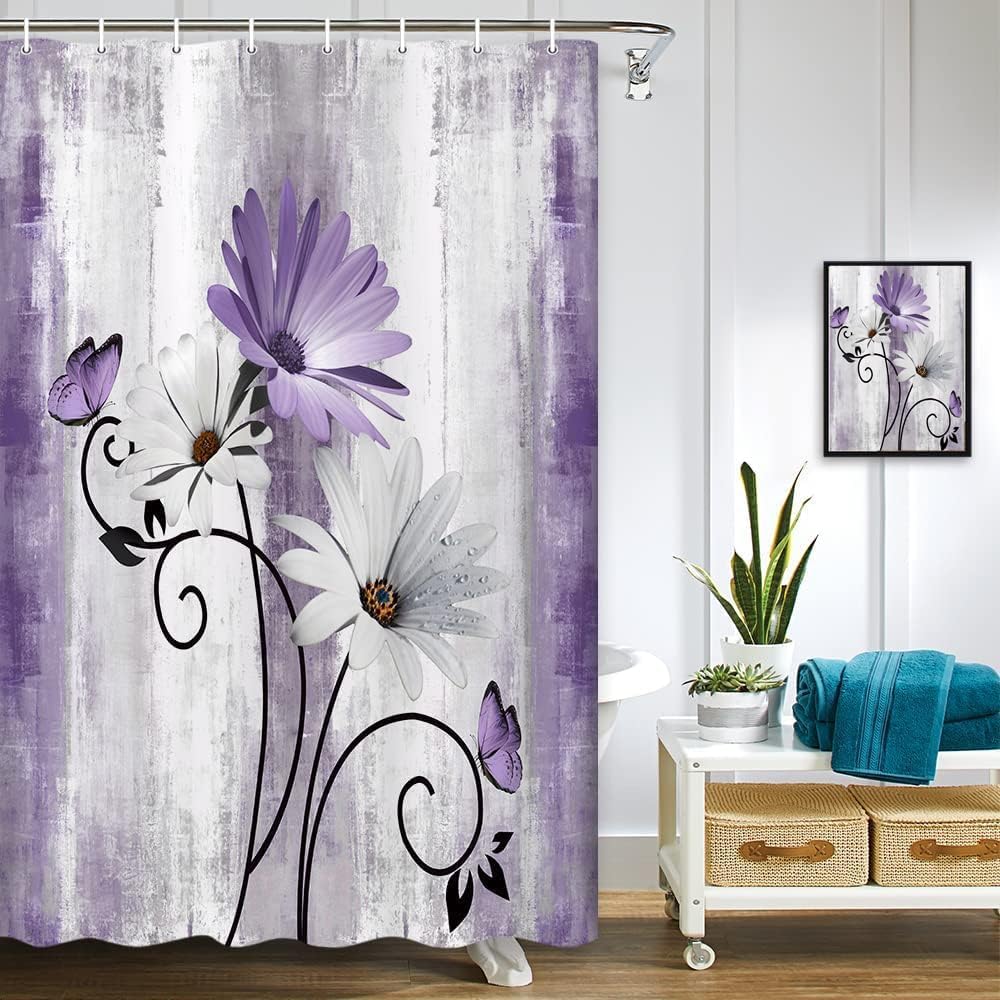 Rustic Farmhouse Shower Curtain, Farm Tan Cream Daisy Floral Flowers and Butterfly on Country Wooden Shower Curtains for Bathroom, Beige Brown Home Decor with 12PCS Hooks, 70X70IN