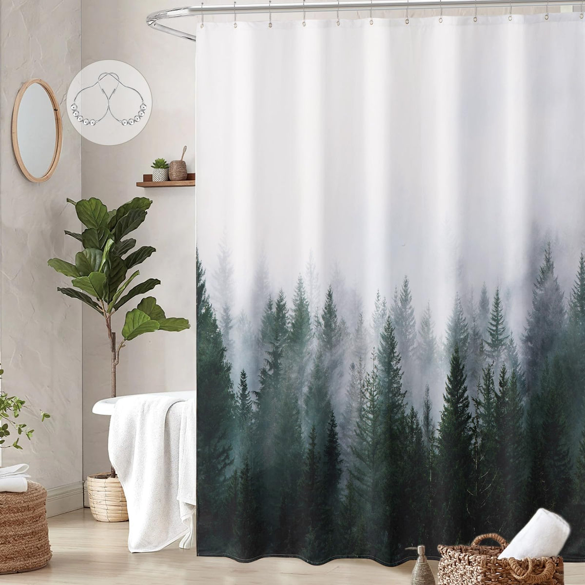 ORTIGIA Black and White Misty Forest Shower Curtain for Bathroom, Nature Woodland Curtain Set with Hooks, Decorative Pine Tree Fog Magic Bath Decor for Home Weighted, 72x72