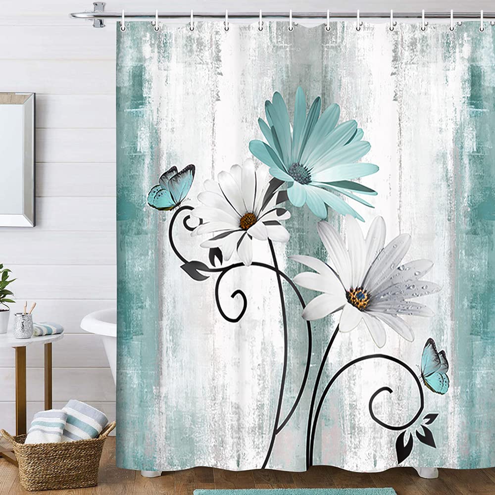 Rustic Farmhouse Shower Curtain, Farm Tan Cream Daisy Floral Flowers and Butterfly on Country Wooden Shower Curtains for Bathroom, Beige Brown Home Decor with 12PCS Hooks, 70X70IN