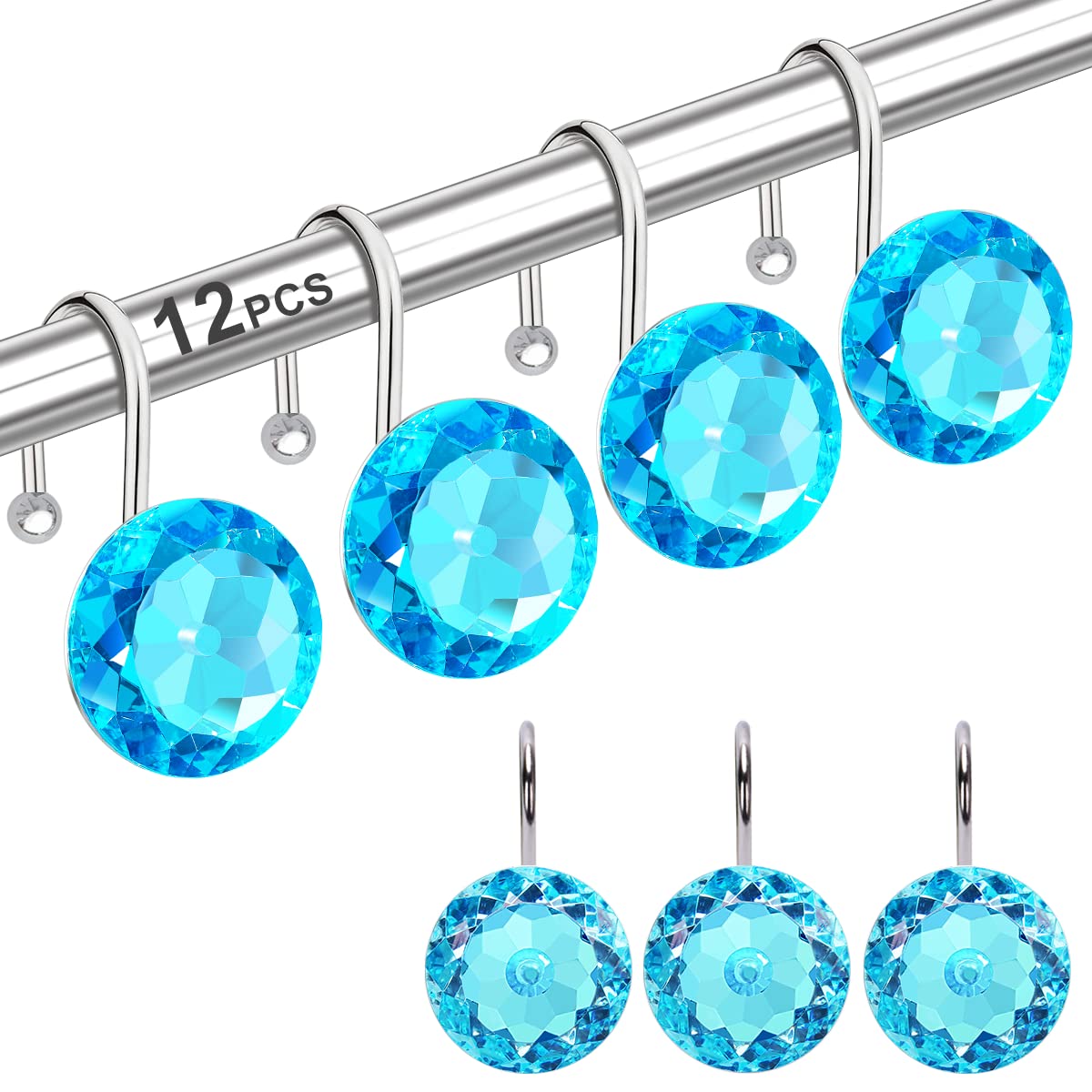 12PCS Shower Curtain Hooks Rings for Bathroom, Stainless Steel Metal Crystal Rhinestones Bling Rust Proof Shower Curtain Rings Hangers for Shower Curtain Decorative, Round Heavy Duty Hooks (Clear)