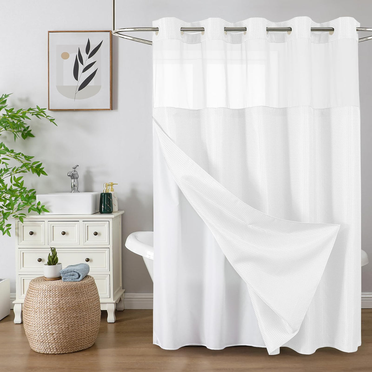 Colorful Star Sage Green No Hook Waffle Shower Curtain Set, 72 x 75 Inch