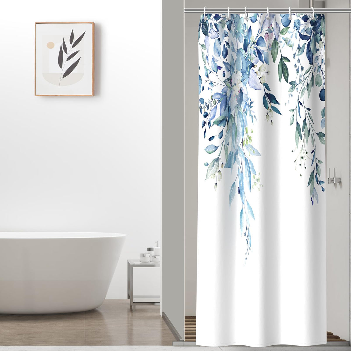 Colorful Star Grey Eucalyptus Floral Shower Curtain with Hooks, 72"W x 84"L