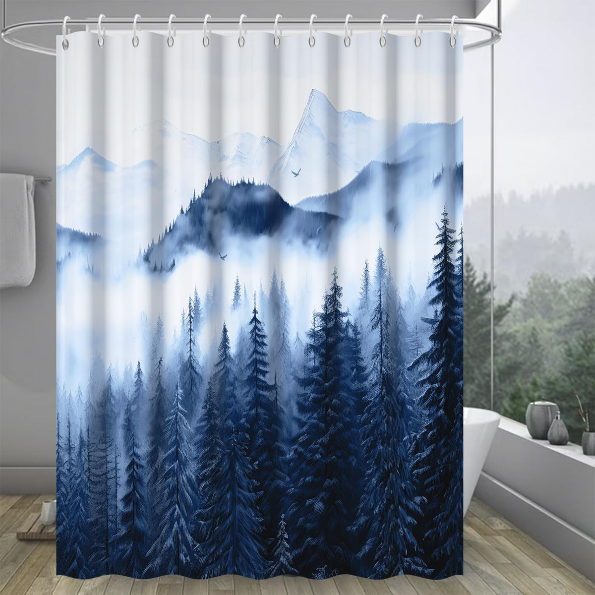 Navy Blue Forest Shower Curtain for Bathroom 72x72 Inch