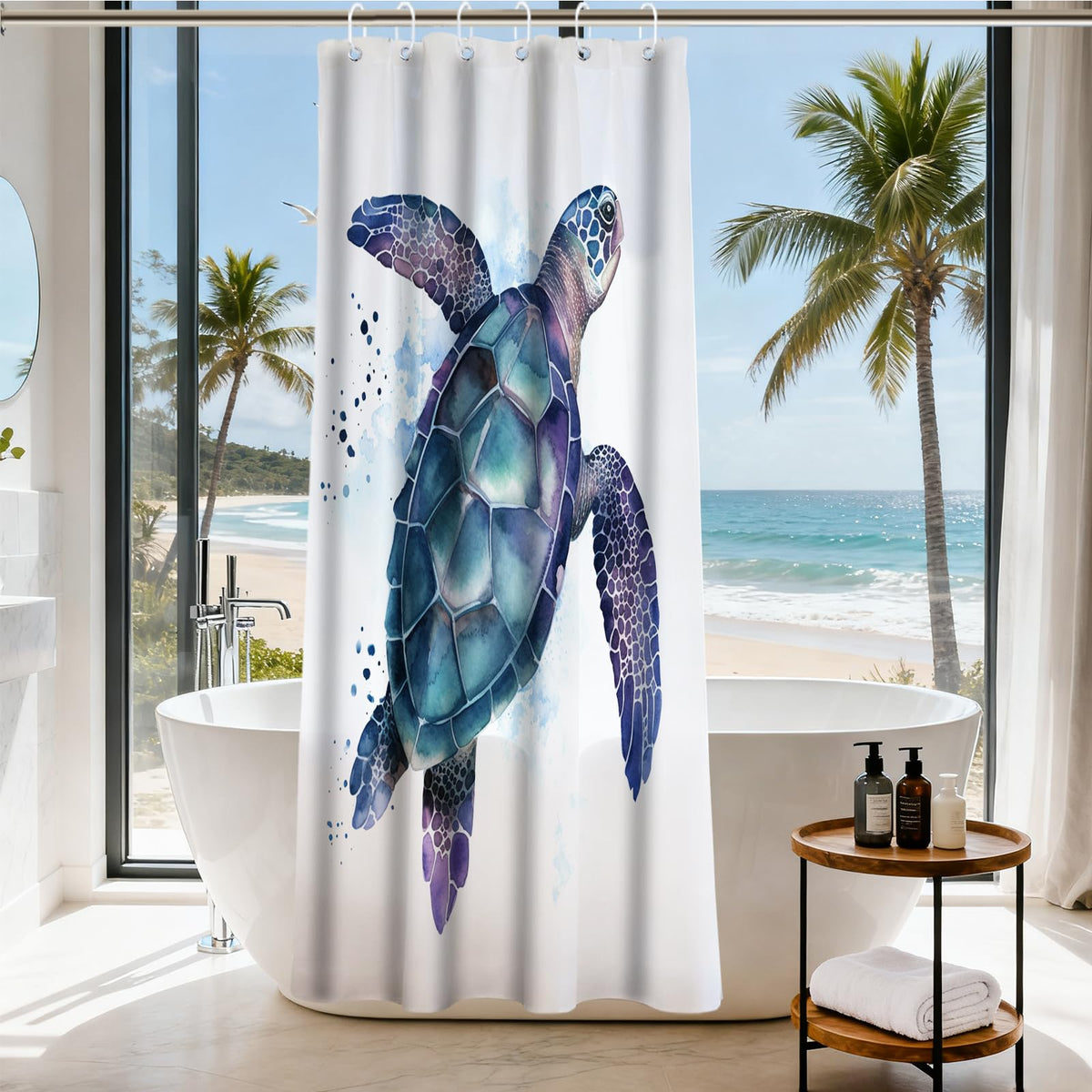 Nautical Green Sea Turtles Beach Theme Fabric Shower Curtain Sets Bathroom Blue Ocean Decor with Grommets and Hooks - 72 x 72 Inch Teal