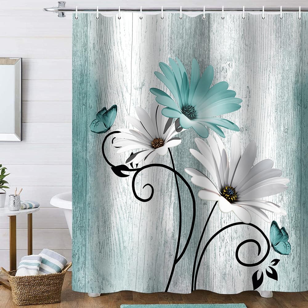 Onalasyc 4PCS Teal Daisy Floral Bathroom Sets with Shower Curtain and Rugs