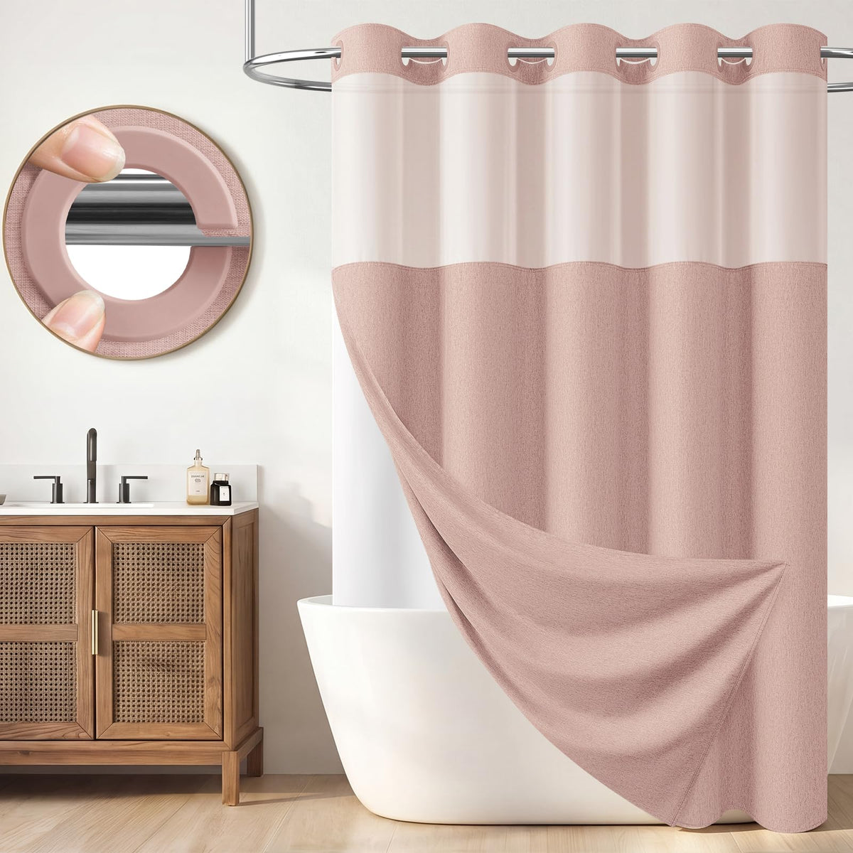 BTTN Cream Ringless Linen Textured Shower Curtain with Snap in Liner, 72x75