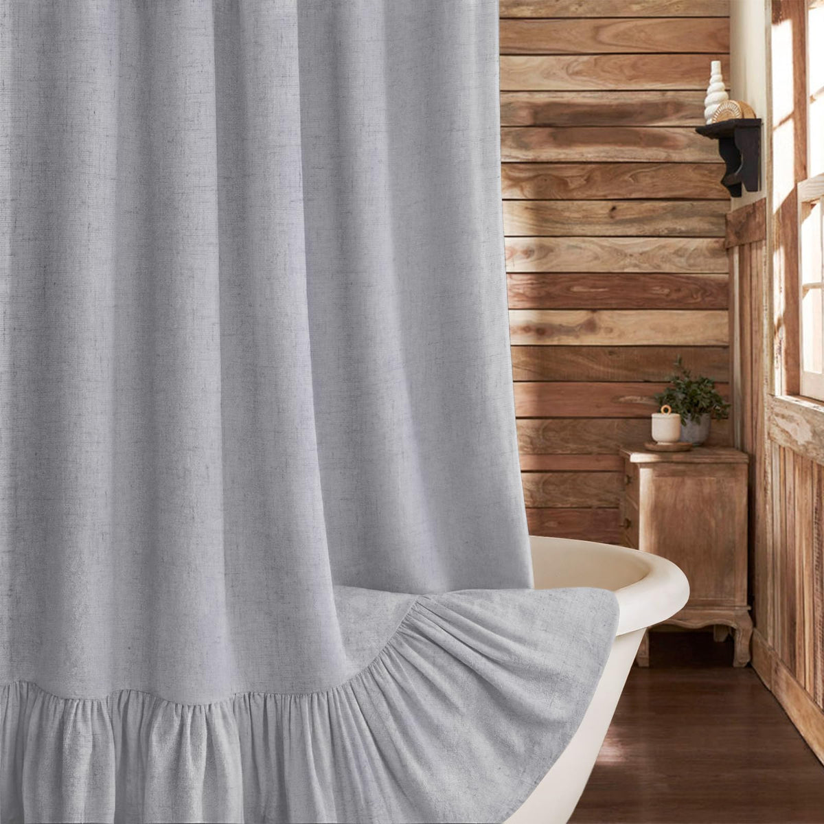 Farmhouse Shower Curtain Ruffle Linen Cream-Green Stripe 72"W x 72"L