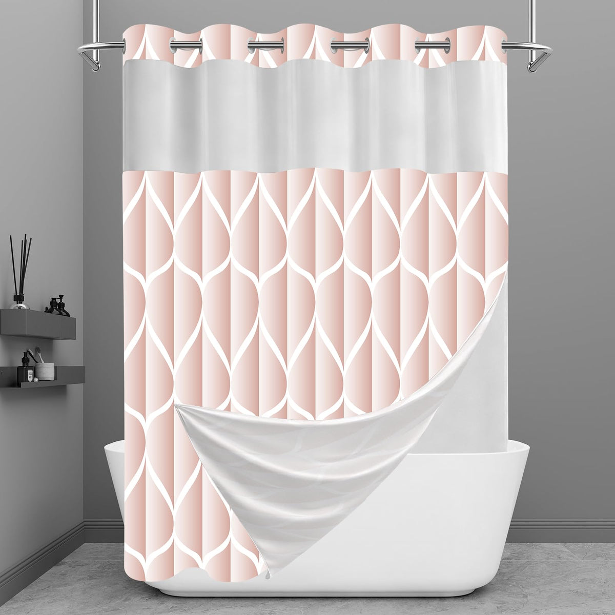 Yiatn Gray Ringless Shower Curtain with Snap-in Liner, 71 x 74 Inch