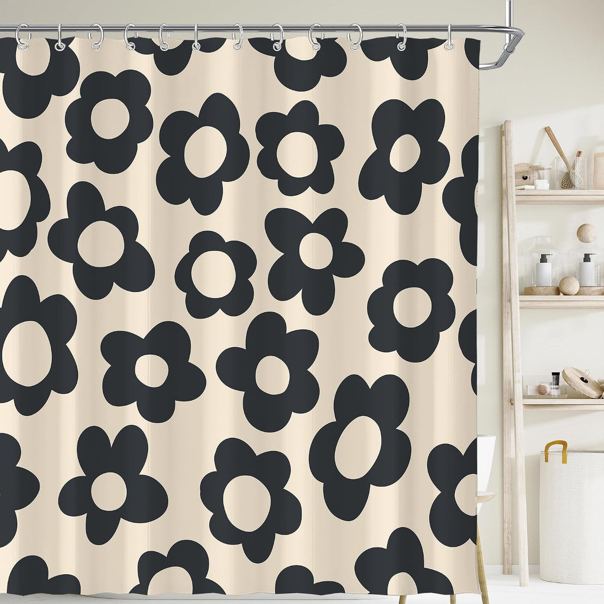 Black Cute Retro Floral Abstract 70s Aesthetic 72W*72H Inch Shower Curtain