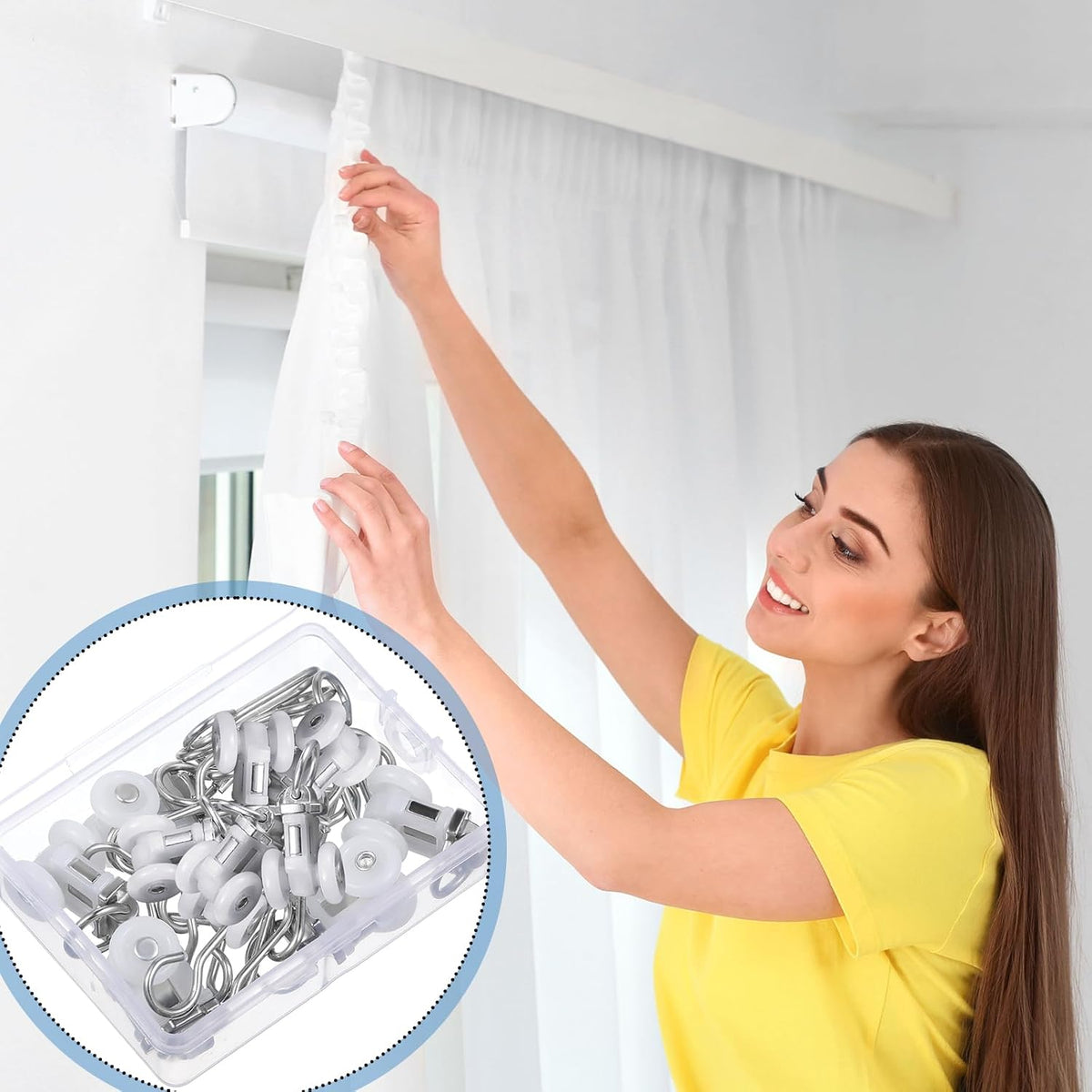 Zonon 100 Pcs Curtain Track Roller and Hooks Kit Dual Wheel Roller Carrier Ceiling Mount Gliders Stainless Steel Hooks for Ceiling Mounted Shower Curtains, Drapes, and Room Dividers